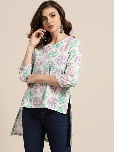 

Sangria Women White & Green Block Printed High-Low Pure Cotton Top