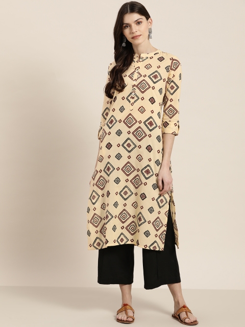 

Sangria Women Beige & Maroon Bandhani Print Straight Kurta