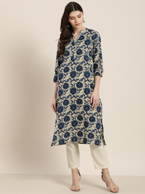 

Sangria Women Beige & Navy Blue Printed Straight Kurta