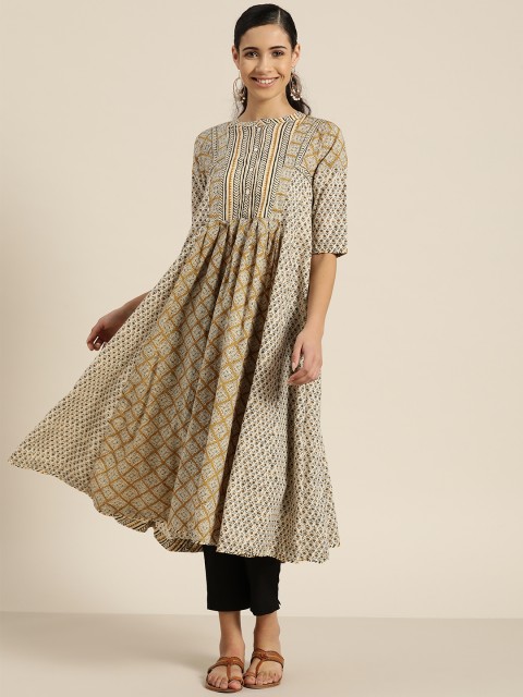

Sangria Women Beige & Black Printed A-Line Kurta
