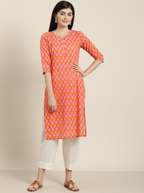 

Sangria Women Coral Orange & Grey Printed Straight Kurta