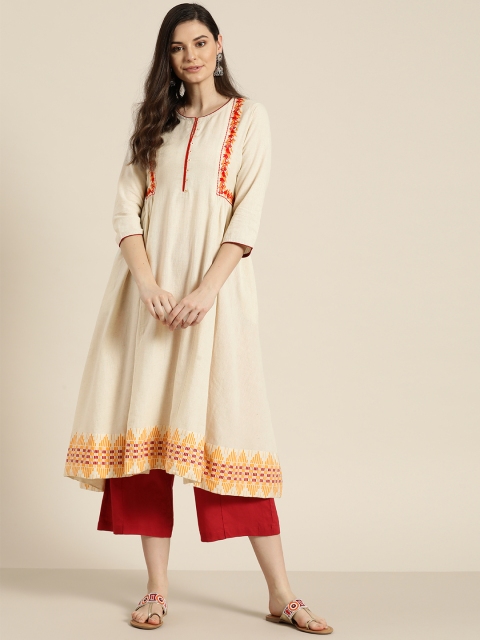 

Sangria Women Beige Embroidered Detail A-Line Kurta