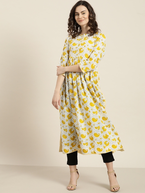 

Sangria Women White & Yellow Indie Block Printed A-Line Kurta