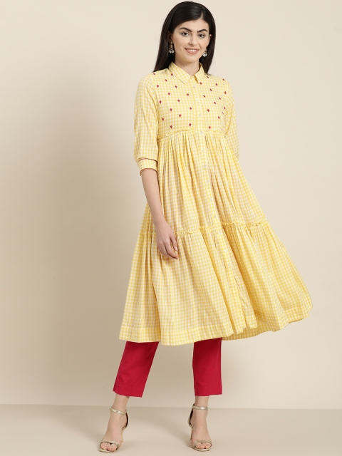

Sangria Women Yellow & White Checked Tiered A-Line Kurta