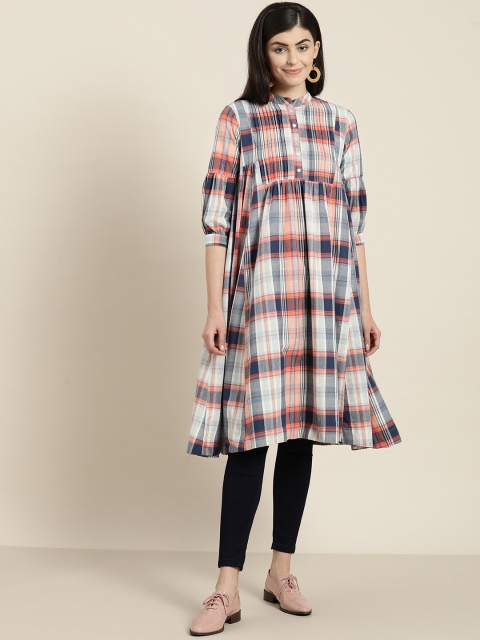 

Sangria Women White & Blue Checked Anarkali Kurta