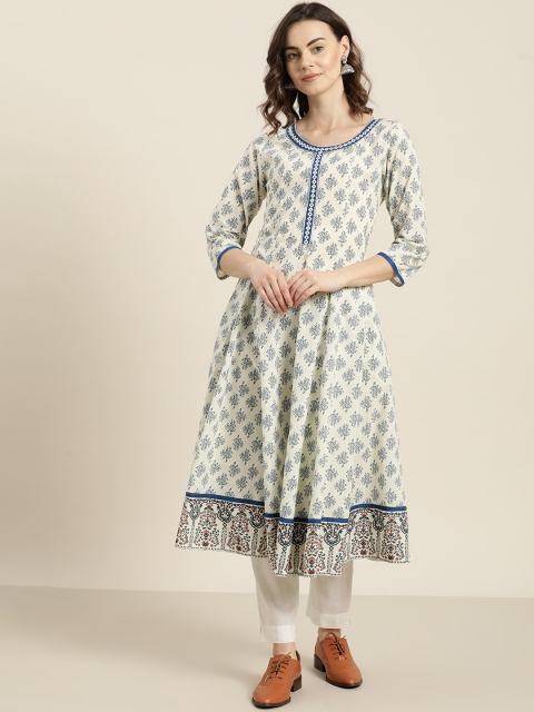 

Sangria Women White & Navy Blue Printed A-Line Kurta
