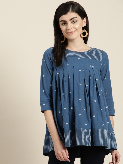 

Sangria Women Navy Blue Self Design A-Line Pure Cotton Top