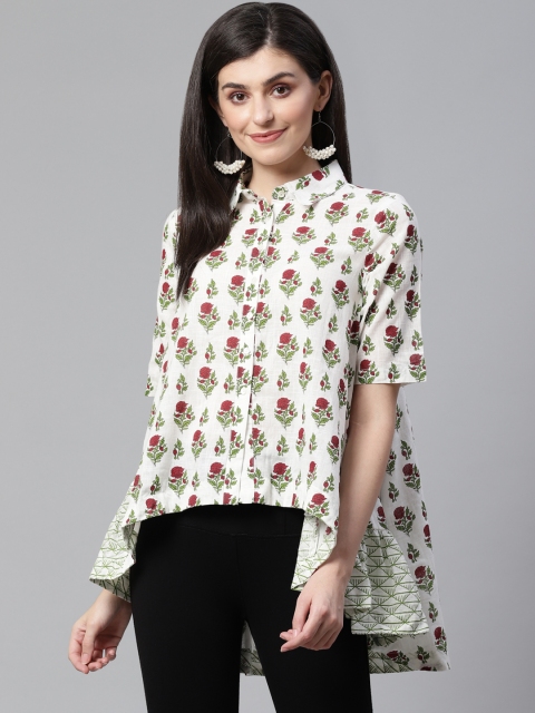 

Sangria Women White & Green Regular Fit Printed High-Low Casual Ethnic Shirt