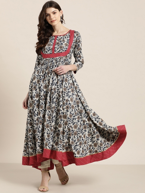 

Sangria Women Off-White & Navy Blue Printed Asymmetric Anarkali Kurta
