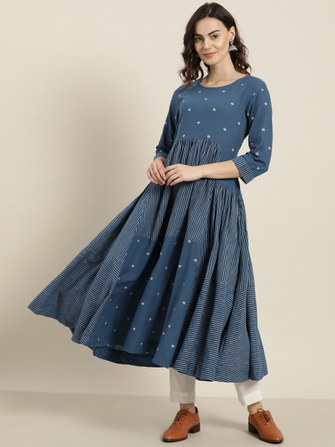 

Sangria Women Navy Blue & White Self-Striped Anarkali Kurta