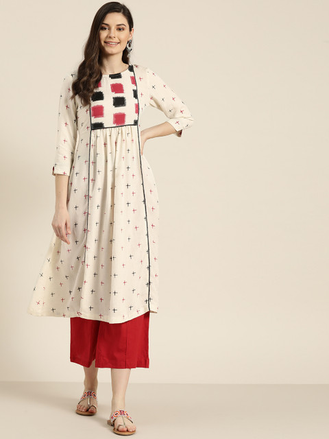 

Sangria Women Off-White & Black Printed A-Line Kurta