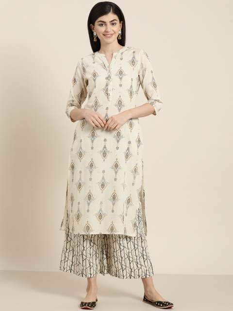 

Sangria Women Off-White & Charcoal Grey Printed Kurta with Palazzos
