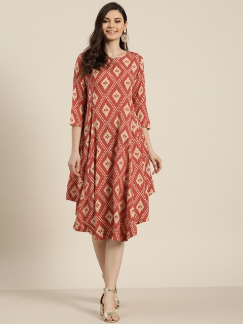 

Sangria Women Rust Orange & Cream-Coloured Printed A-Line Dress