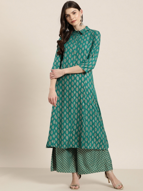 

Sangria Women Teal Blue & Golden Printed Kurta with Palazzos