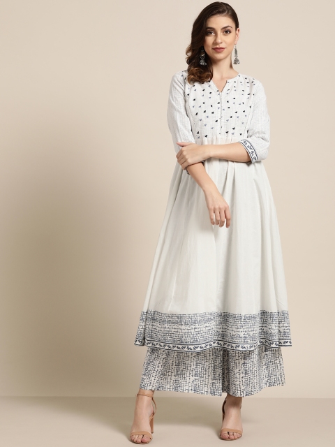 

Sangria Women White & Navy Blue Yoke Design Kurta with Palazzos