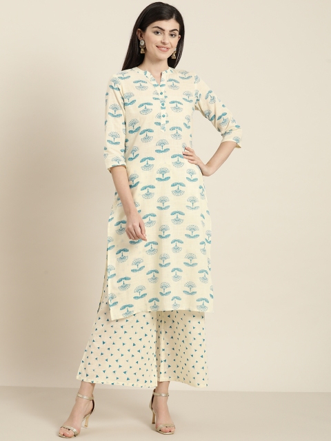 

Sangria Women Cream-Coloured & Blue Printed Kurta with Palazzos