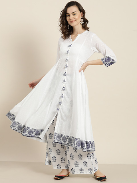 

Sangria Women White & Navy Blue Self Design Kurta with Palazzos
