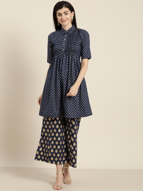 

Sangria Women Navy Blue & Golden Printed Kurta with Palazzos