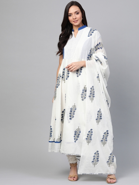 

Sangria Women White & Blue Floral Print Kurta with Churidar & Dupatta