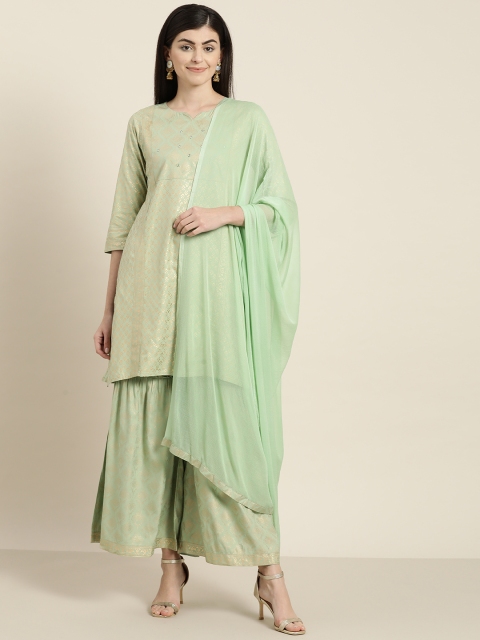 

Sangria Women Green & Golden Printed Kurta with Palazzos & Dupatta