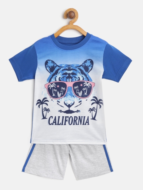 

Eteenz Boys Blue & Grey Melange Printed T-shirt with Shorts