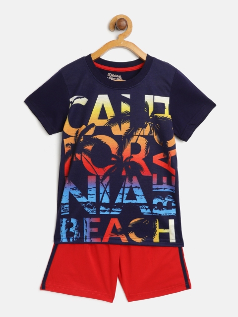 

Eteenz Boys Navy Blue & Red Printed T-shirt with Shorts