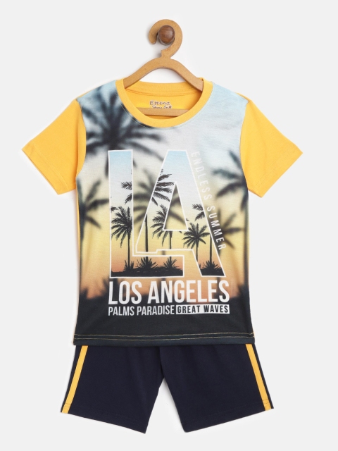 

Eteenz Boys Yellow & Navy Blue Printed T-shirt with Shorts