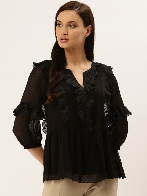 

Antheaa Women Black Dobby Ruffled A-Line Top