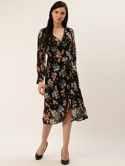 

Antheaa Women Black & Pink Floral Print Wrap Dress