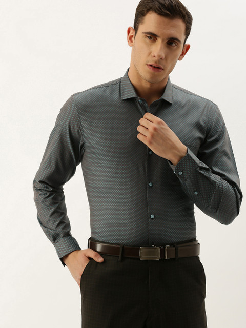 

Peter England Men Brown & Teal Blue Nuvo Regular Fit Self Design Formal Shirt