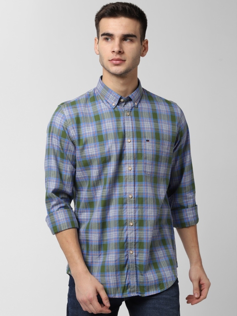 

Peter England Men Olive Green & Blue Slim Fit Checked Casual Shirt