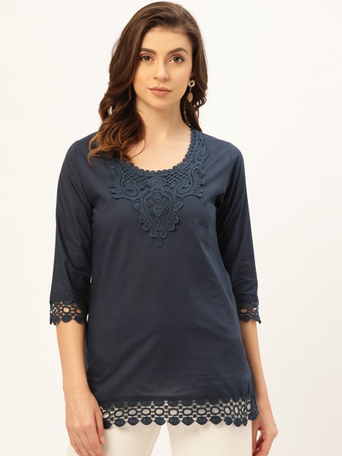 

U&F Women Navy Blue Solid With Lace Insert Top