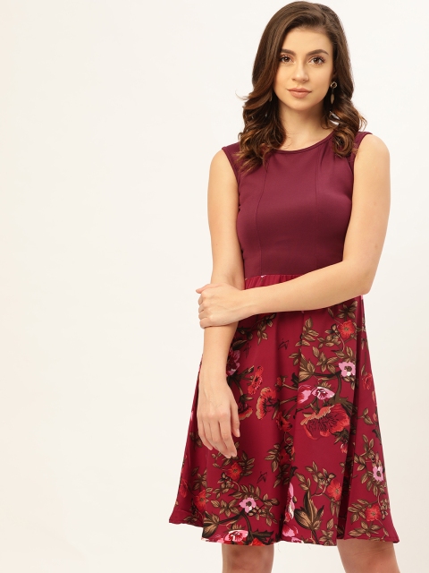 

U&F Women Burgundy & Maroon Printed Detail A-Line Dress