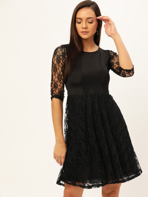 

U&F Women Black Self-Design A-Line Dress