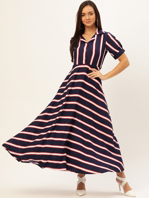 

U&F Women Navy Blue & White Striped Maxi Dress