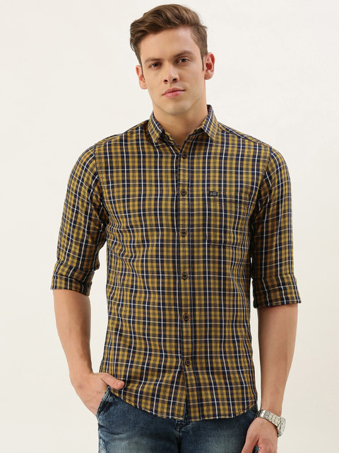 

The Indian Garage Co Men Mustard Yellow & Navy Blue Slim Fit Checked Casual Shirt