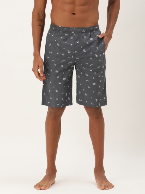 

The Indian Garage Co Men Charcoal Grey & White Printed Lounge Shorts