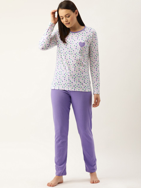 

mackly Women White & Purple Printed Night suit