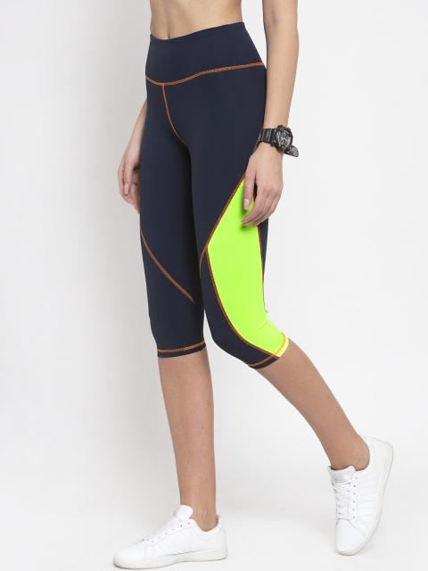 

Boston Club Women Navy Blue & Fluorescent Green Coloublocked Capri Tights