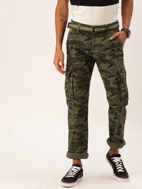 

Sports52 wear Men Green & Black Tailored Fit Camouflage Printed Cargos