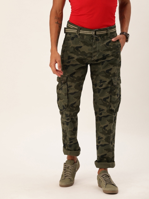 

Sports52 wear Men Green & Black Tailored Fit Camouflage Printed Cargos