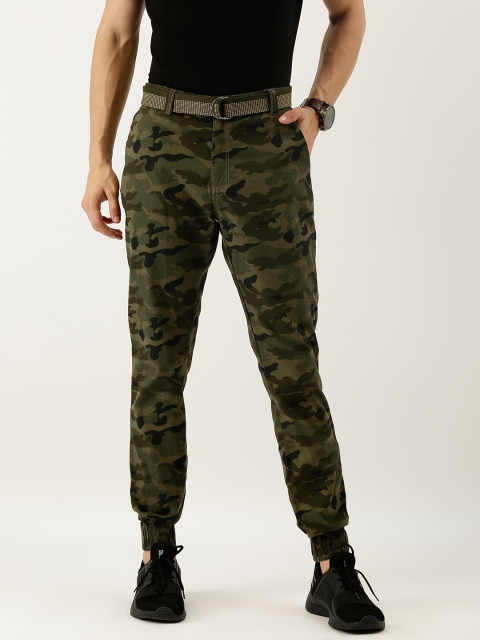 

Sports52 wear Men Olive Green & Black Slim Fit Camouflage Printed Joggers