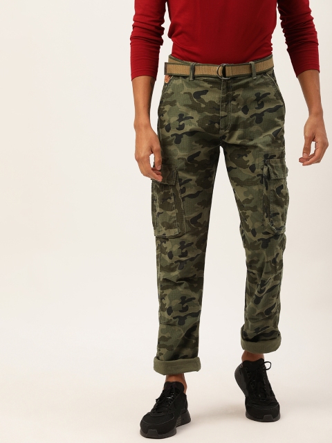 

Sports52 wear Men Green & Black Tailored Fit Camouflage Printed Cargos