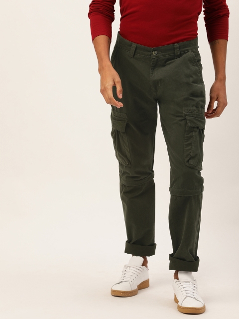 

Sports52 wear Men Olive Green Tailored Regular Fit Solid Cargos