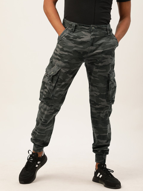 

Sports52 wear Men Grey & Olive Green Tailored Fit Camouflage Printed Cargo Joggers