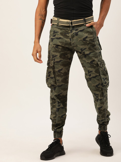 

Sports52 wear Men Green & Black Tailored Fit Camouflage Printed Cargo Joggers