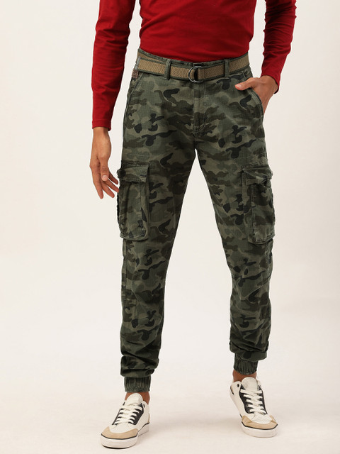 

Sports52 wear Men Olive Green & Black Tailored Fit Camouflage Printed Cargo Joggers
