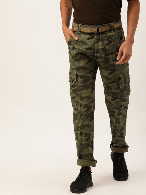 

Sports52 wear Men Green & Brown Tailored Fit Camouflage Printed Cargos