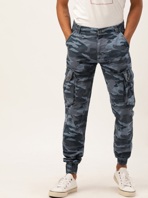 

Sports52 wear Men Blue & Grey Tailored Fit Camouflage Printed Cargo Joggers