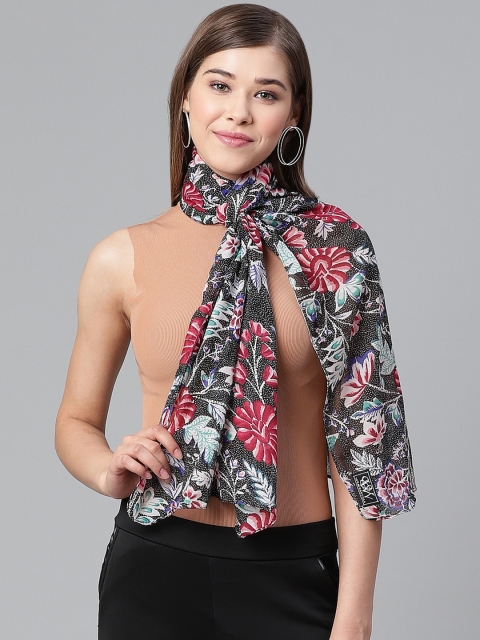 

WEAVERS VILLA Women Black & Pink Floral Print Scarf